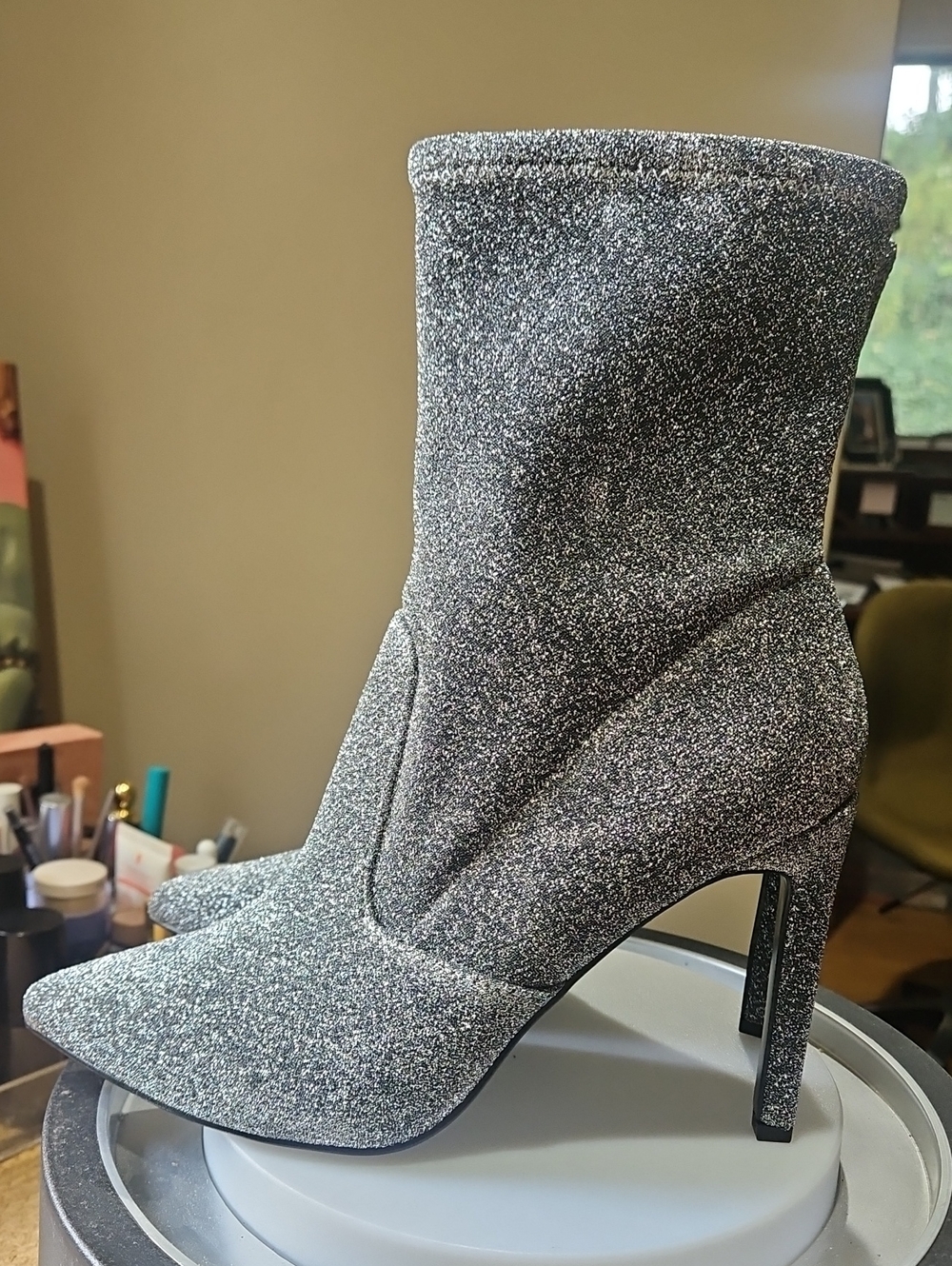 Nine West Silver Glitter Pointed Toe Stiletto Ankle Boots